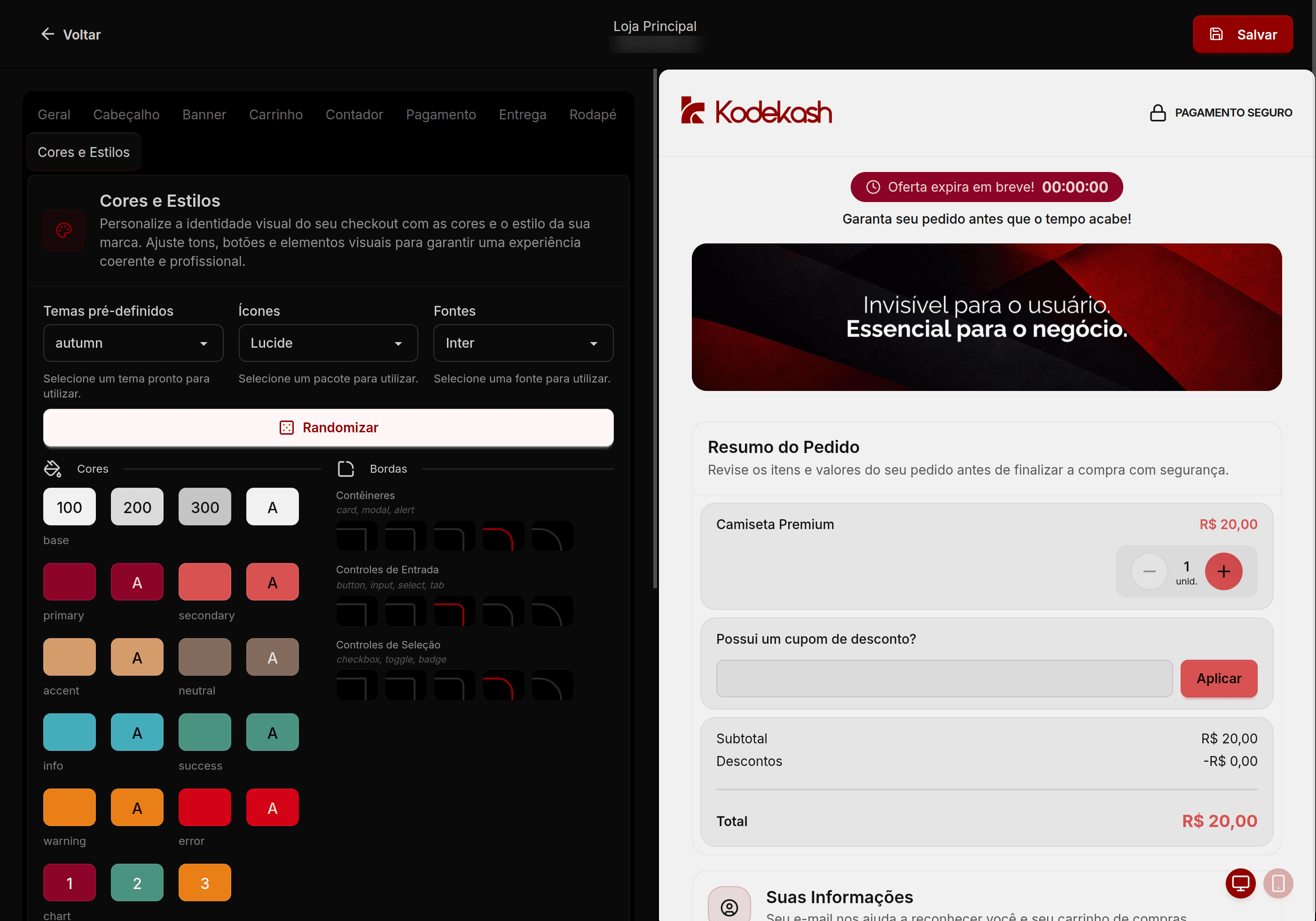 Builder do checkout KodeKash com edição visual de cores, campos e elementos da página