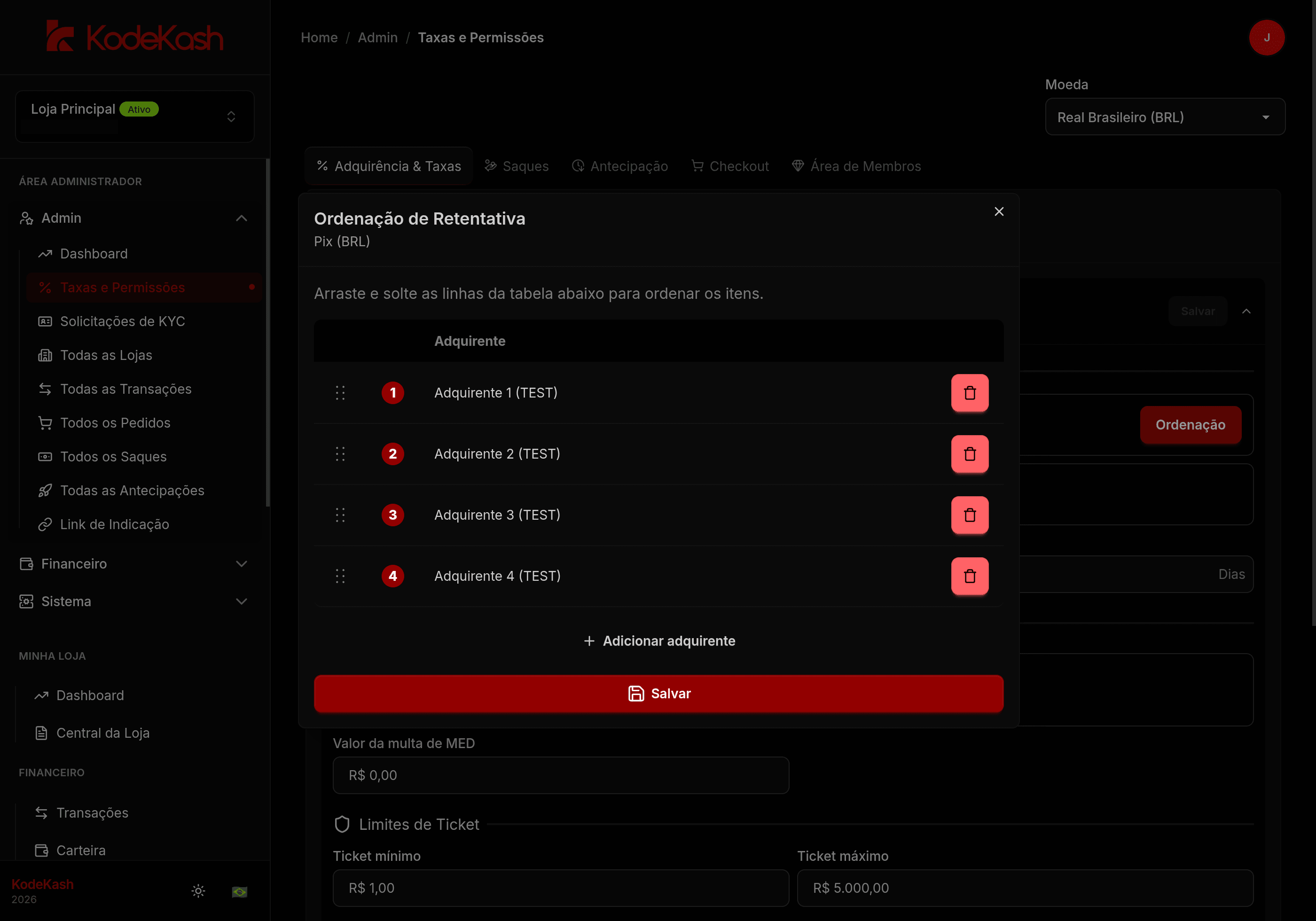 Configuração de retentativa inteligente multiadquirente no painel KodeKash, com ordem de adquirentes definida pelo dono do gateway
